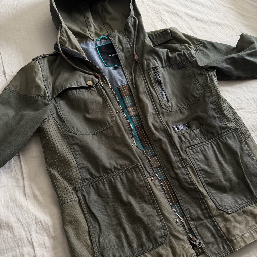 Hurley Waxed Plaid Lined Field Jacket Men’s Med Green Covert Military Tactical - Picture 5 of 12